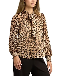 Bcx Juniors Printed Tie-Neck Long-Sleeve Blouse