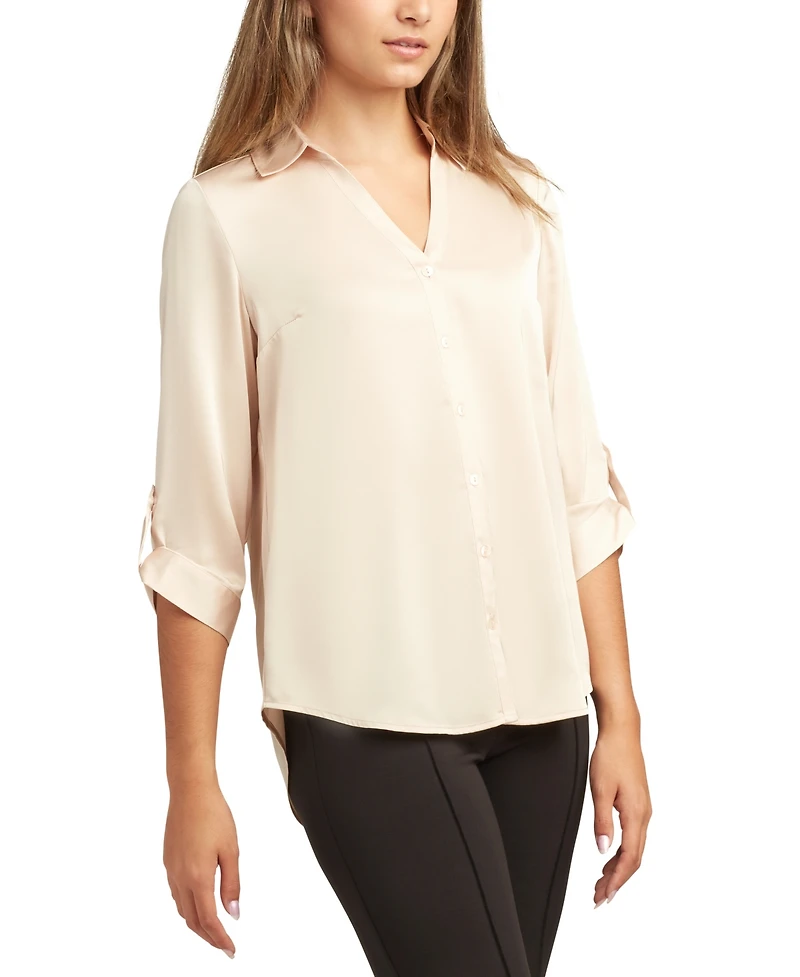 Bcx Juniors Stretch Satin Button-Up 3/4-Sleeve Top