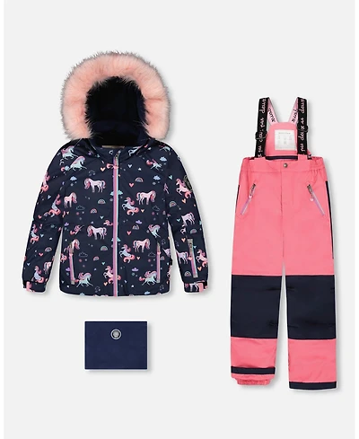 Deux par Big Girls Two-Piece Play Snowsuit with Printed Jacket and Solid Pant Candy Pink