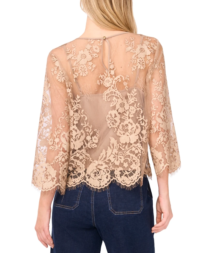 Vince Camuto Women's Floral-Lace Scalloped-Hem 3/4-Sleeve Top
