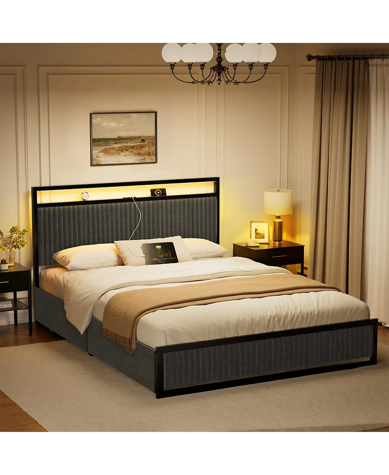 Hausource Upholstered Full Bed Frame with 2 Storage Drawers, Led Headboard, Usb Ports, Dark Gray