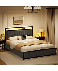 Hausource Upholstered Full Bed Frame with 2 Storage Drawers, Led Headboard, Usb Ports, Dark Gray