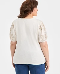 Style & Co Plus Cotton Embroidered-Sleeve Top, Macy's Exclusive