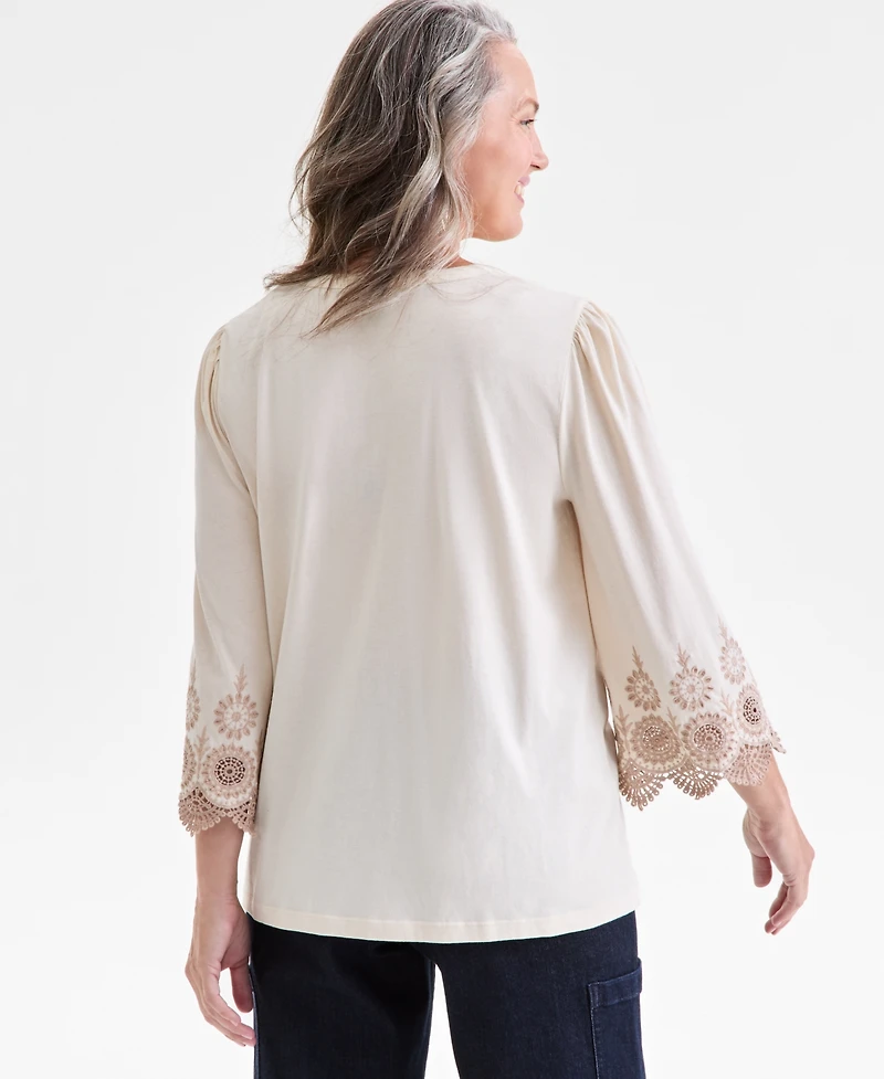 Style & Co Petite Embroidered-Sleeve Top, Macy's Exclusive