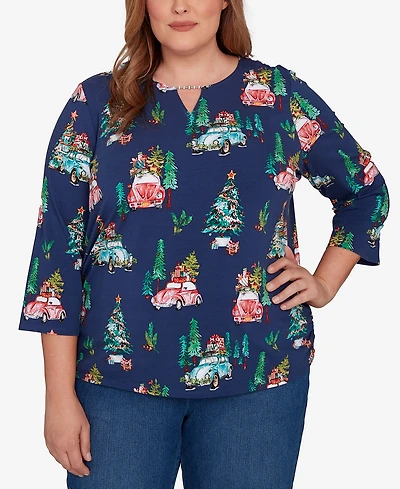 Alfred Dunner Plus Classic Christmas Tree Print Beaded Keyhole Neck Top