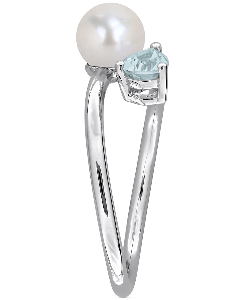 Cultured Freshwater Pearl (6mm) & Aquamarine (3/8 ct. t.w.) Bypass Ring Sterling Silver