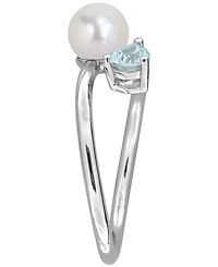 Cultured Freshwater Pearl (6mm) & Aquamarine (3/8 ct. t.w.) Bypass Ring Sterling Silver