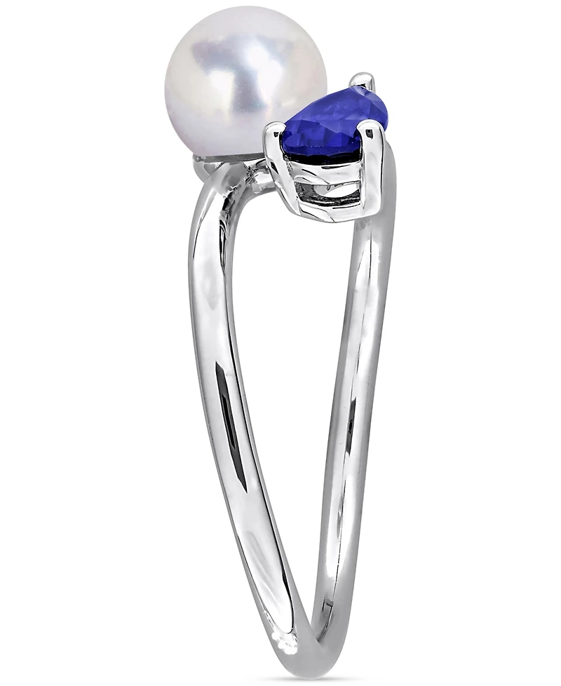 Cultured Freshwater Pearl (6mm) & Lab Grown Sapphire (5/8 ct. t.w.) Bypass Ring Sterling Silver