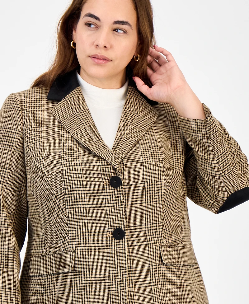 Kasper Plus Plaid Elbow-Patch Two-Button Jacket