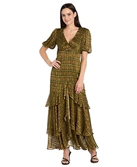R & M Richards Women's Satin Metallic Stripe Puff-Sleeve Dress