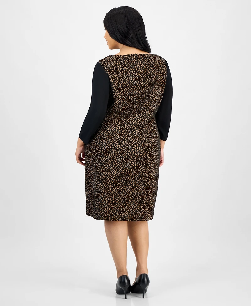 Kasper Plus Animal Print 3/4-Sleeve Sheath Dress