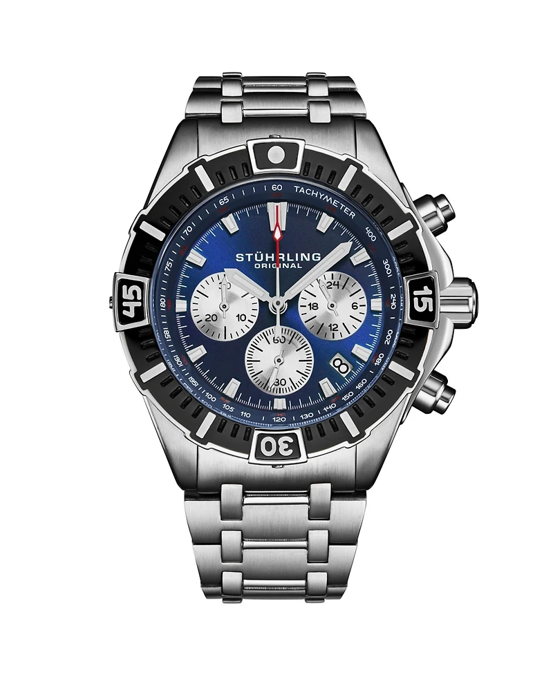 Stuhrling 1022 Men s Chronograph Watch Quartz Movement Blue Dial Silver Subdials Black Bezel Stainless Steel Bracelet 50M Water Resistant Date Window