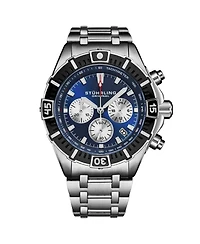 Stuhrling 1022 Men s Chronograph Watch Quartz Movement Blue Dial Silver Subdials Black Bezel Stainless Steel Bracelet 50M Water Resistant Date Window