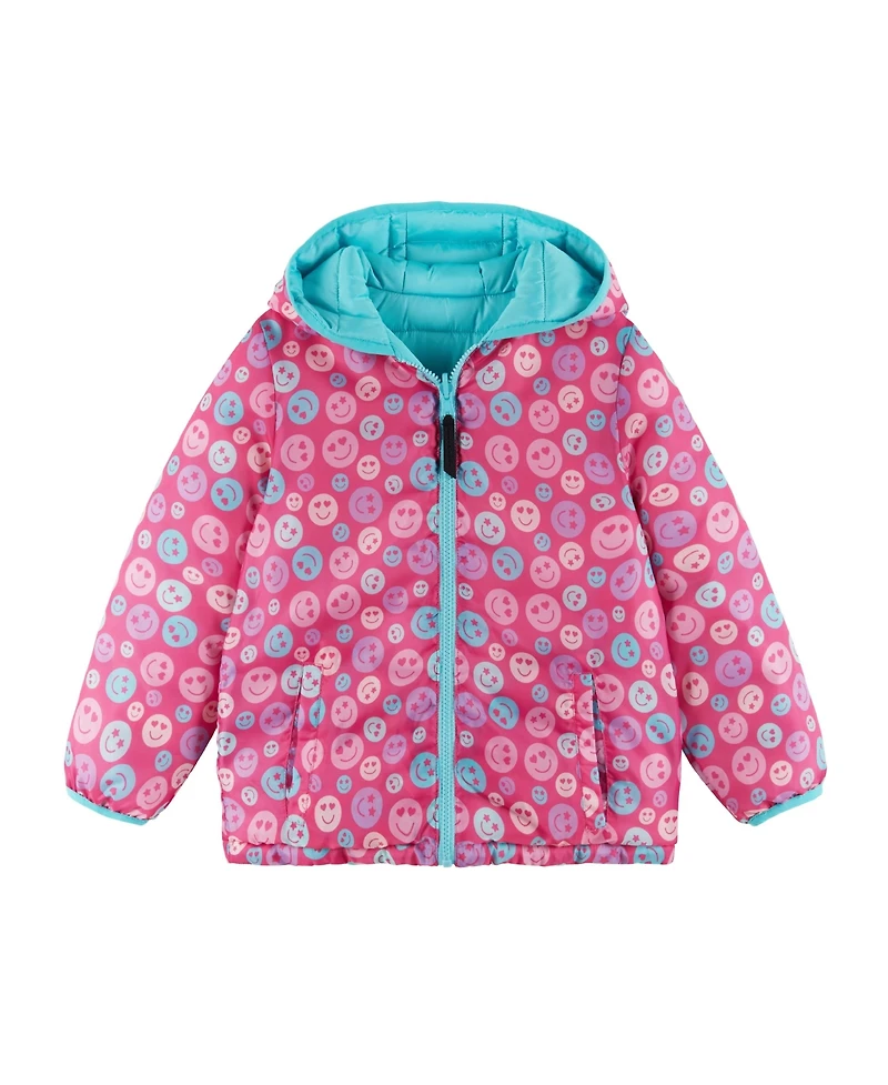 Andy & Evan Toddler/Child Girls Pink/Aqua Smiley Printed Reversible Puffer Jacket