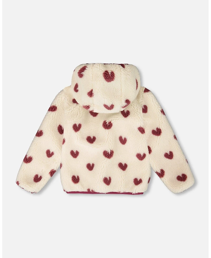 Deux par Girl Reversible Mid-Season Sherpa Jacket Burgundy Heart - Child