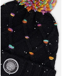 Deux par Girl Lined Knit Pompom Hat Black and Multicolor with Little Sequins - Toddler|Child