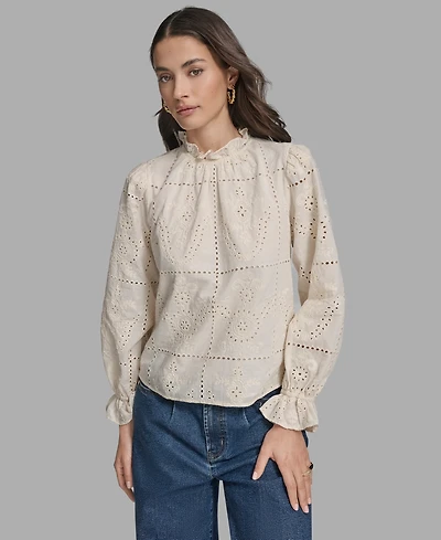 Bcbg Women's Long Sleeve Eyelet Top