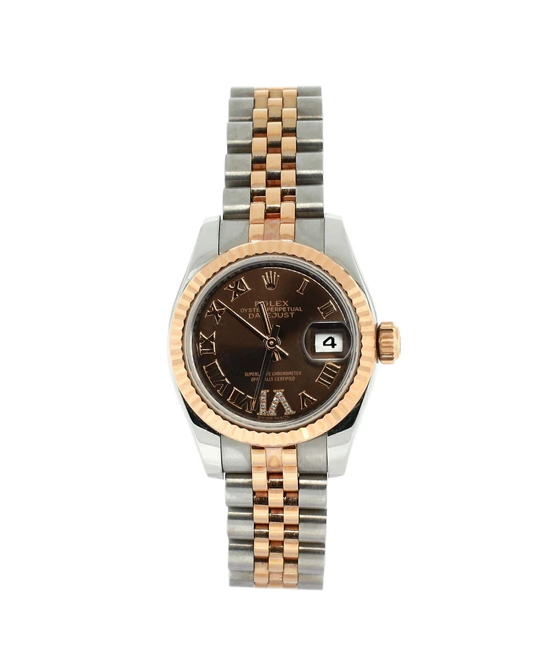 Pre-Owned Rolex Oyster Perpetual Datejust Chocolate Brown Automatic Watch in Stainless Steel and Rose Gold with Diamond Vi Numeral 26mm