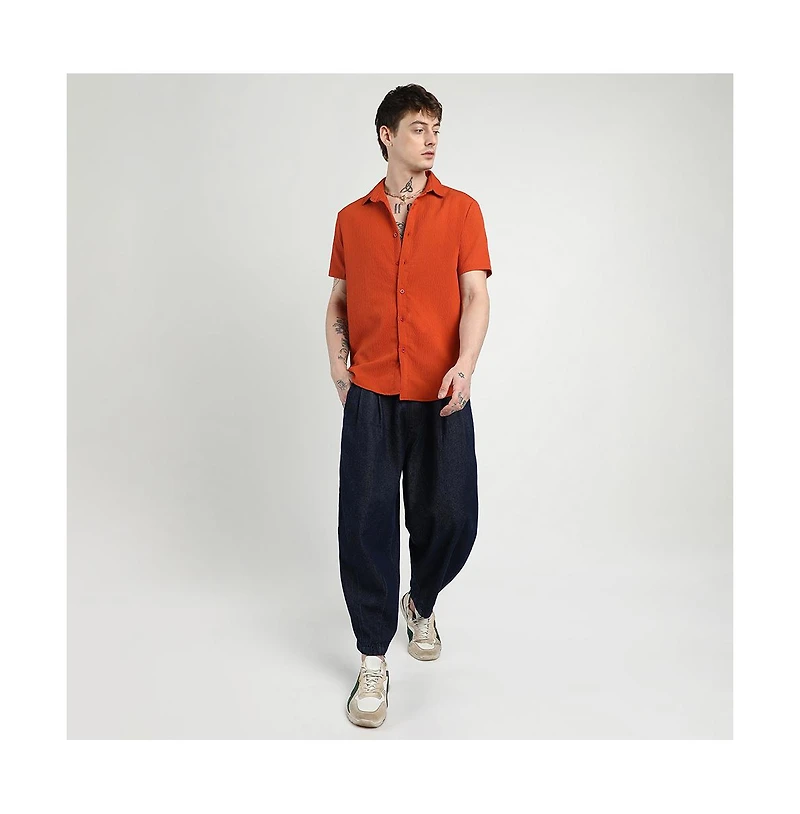 Campus Sutra Men's Red Ruched Regular Fit Casual Shirt