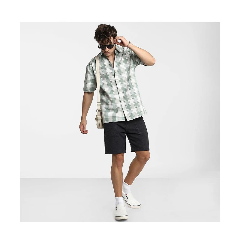 Campus Sutra Men's Sage Green & Powder White Buffalo Check Shirt