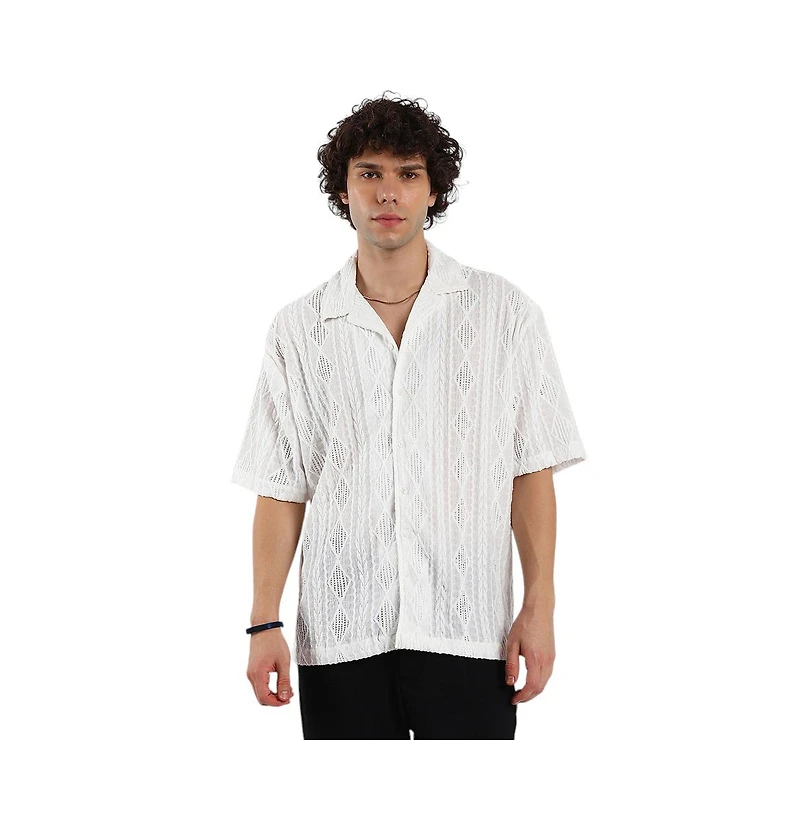 Men's Daisy White Argyle-Textured Oversized Shirt