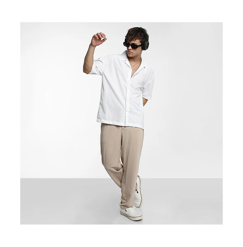 Campus Sutra Men's Chalk White Oversized Honeycomb Shirt