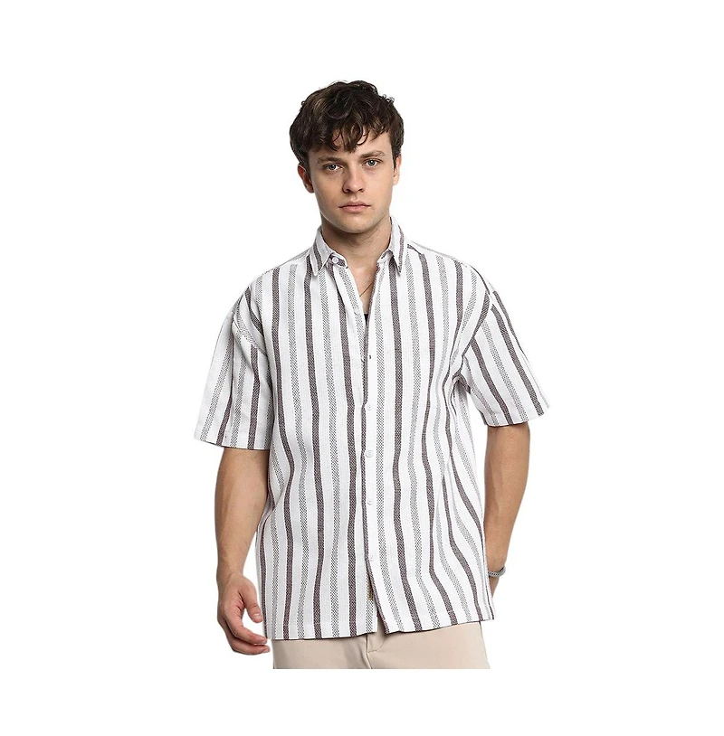 Campus Sutra Men's Ivory White & Burgundy Red Pencil-Striped Shirt