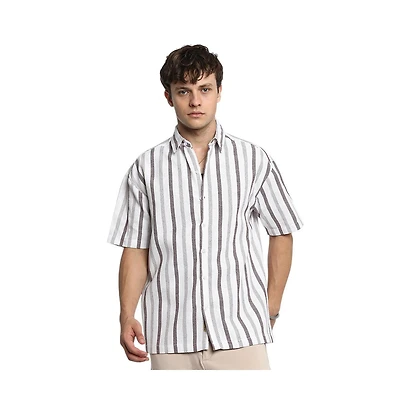 Campus Sutra Men's Ivory White & Burgundy Red Pencil-Striped Shirt