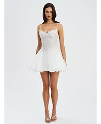 Miss Circle Women Fabiola Lace Trim Silver Net Top Mini Flare Chiffon Dress