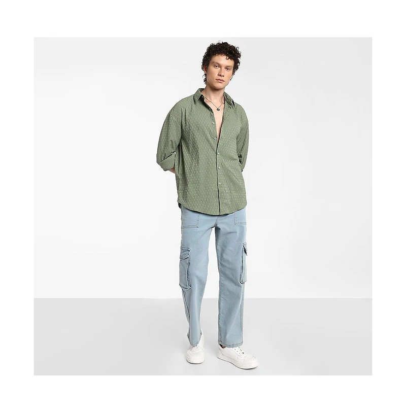Campus Sutra Men's Fern Green Honeycomb-Textured Oversized Shirt