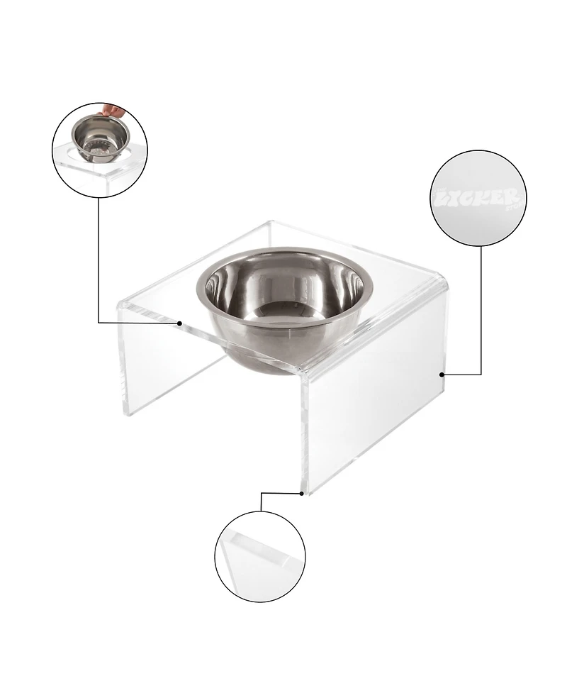 The Licker Store Keaton Modern Acrylic Rectangular Elevated Pet Feeder with 2-Stainless Steel Bowls