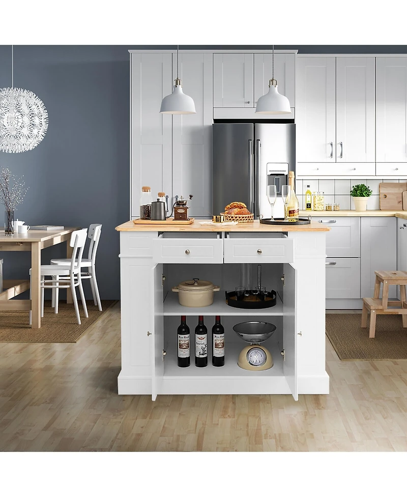 Gymax Large Kitchen Island Drop Leaf Breakfast Bar w/ Wood Top Shelves Drawers