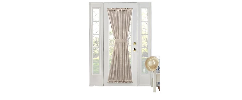 Kate Aurora Living Plaid Sheer French Door Curtain Panel With Tieback - 53 in. W x 45 in. L, Linen