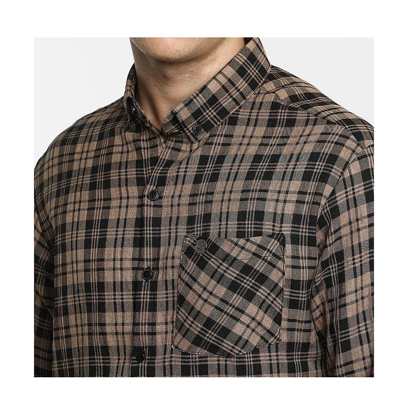 Campus Sutra Men's Tan Brown & Charcoal Black Tartan Plaid Shirt