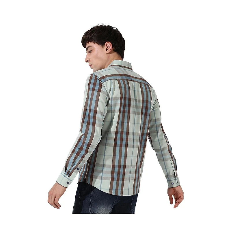 Campus Sutra Men's Sage Green Tartan Plaid Shirt