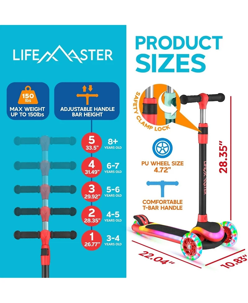 Lifemaster 3-Wheel Kids Scooter with Multi-Color Lights on Deck & Wheels – 5-Height Adjustable Handlebar, Wide Anti-Slip Deck, Child Safety Certified,