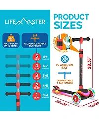 Lifemaster 3-Wheel Kids Scooter with Multi-Color Lights on Deck & Wheels – 5-Height Adjustable Handlebar, Wide Anti-Slip Deck, Child Safety Certified,