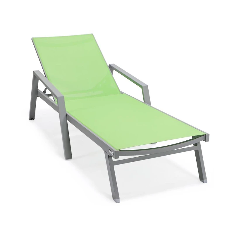 LeisureMod Marlin Patio Chaise Lounge Chair With Armrests in Grey Aluminum Frame