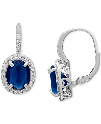 Macy's Lab Grown Blue Sapphire (6-1/3 ct. t.w.) & Lab Grown White Sapphire (1/2 ct. t.w.) Halo Oval Leverback Earrings in Sterling Silver