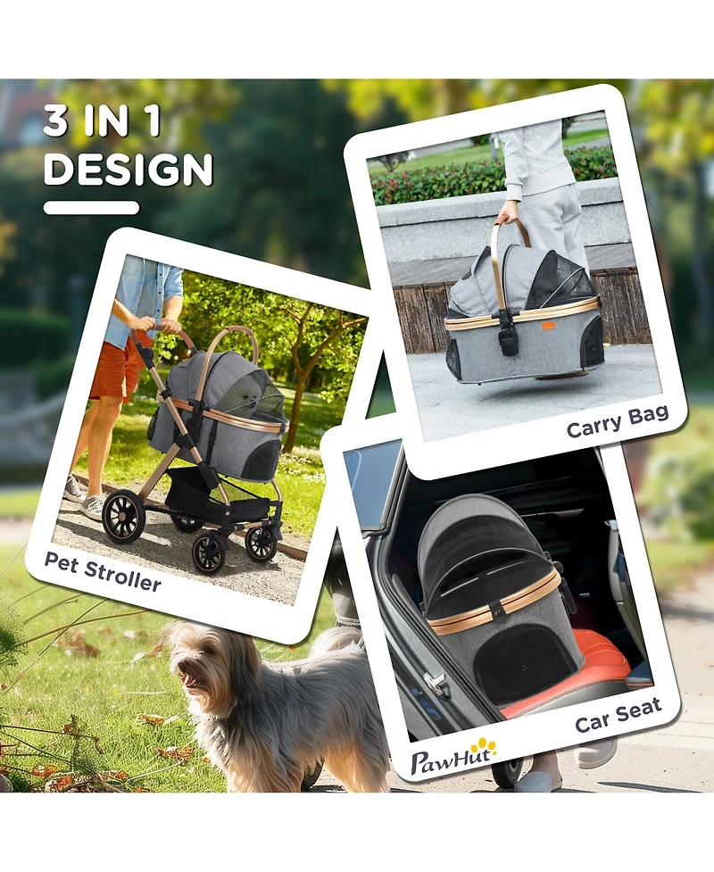 PawHut 3 in 1 Dog Stroller with Detachable Cabin, Adjustable Canopy,