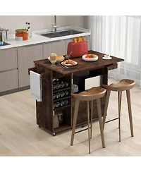 Gymax Kitchen Island Cart w/ Drop-Leaf & Power Outlet Microwave Shelf Wine Rack Drawer