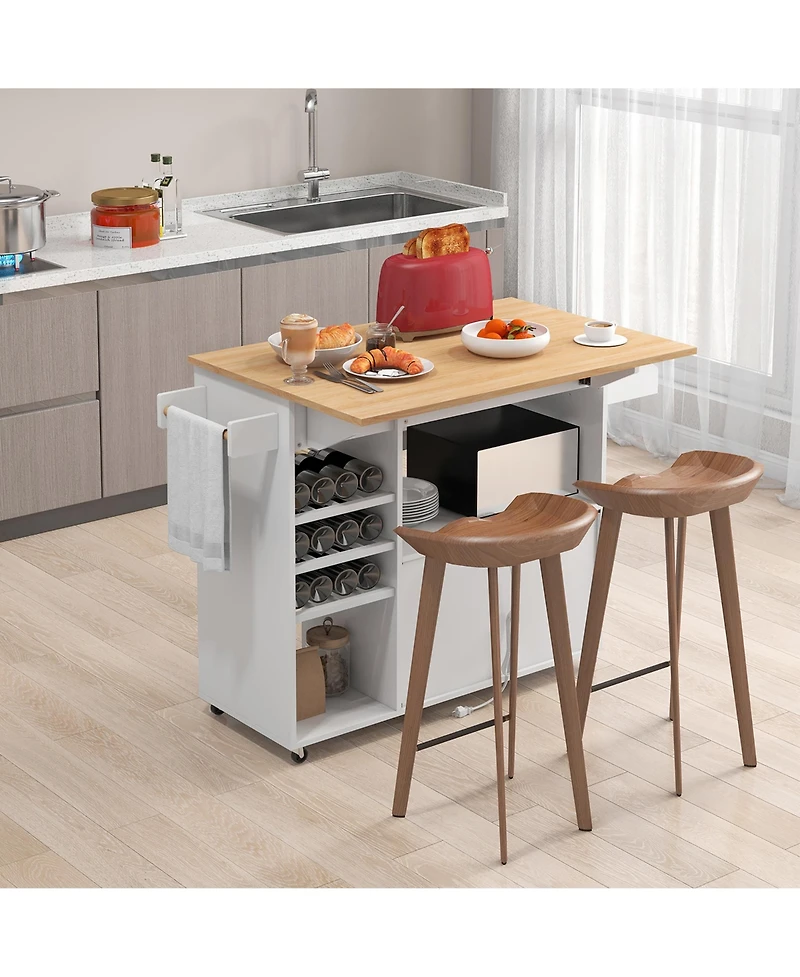 Gymax Kitchen Island Cart w/ Drop-Leaf & Power Outlet Microwave Shelf Wine Rack Drawer