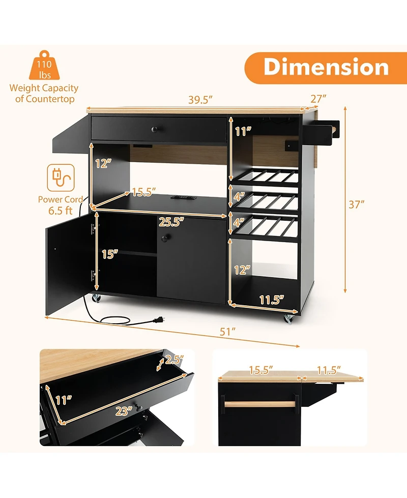Gymax Kitchen Island Cart w/ Drop-Leaf & Power Outlet Microwave Shelf Wine Rack Drawer