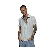 Campus Sutra Men's Pink & Green Unbalanced Striped Woven Shirt