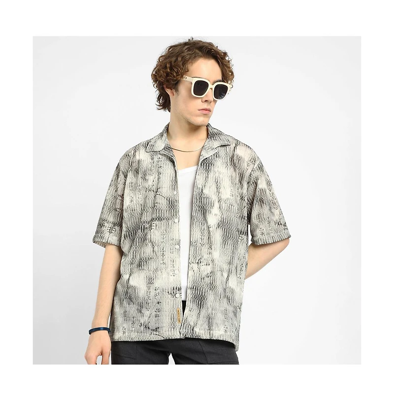 Campus Sutra Men's Charcoal Black & Ivory White Faded Woven Oversized Shirt
