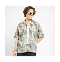 Campus Sutra Men's Charcoal Black & Ivory White Faded Woven Oversized Shirt