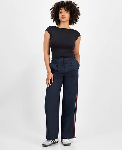 Bar Iii Women's Side-Stripe Pleated Wide-Leg Pants, Macy's Exclusive