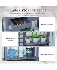Outsunny Potting Bench Table Workstation w/ Tiers of Shelves and Drawer,