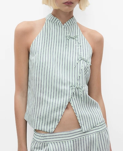 Mango Women's Strap Neckline and Laces Striped Top