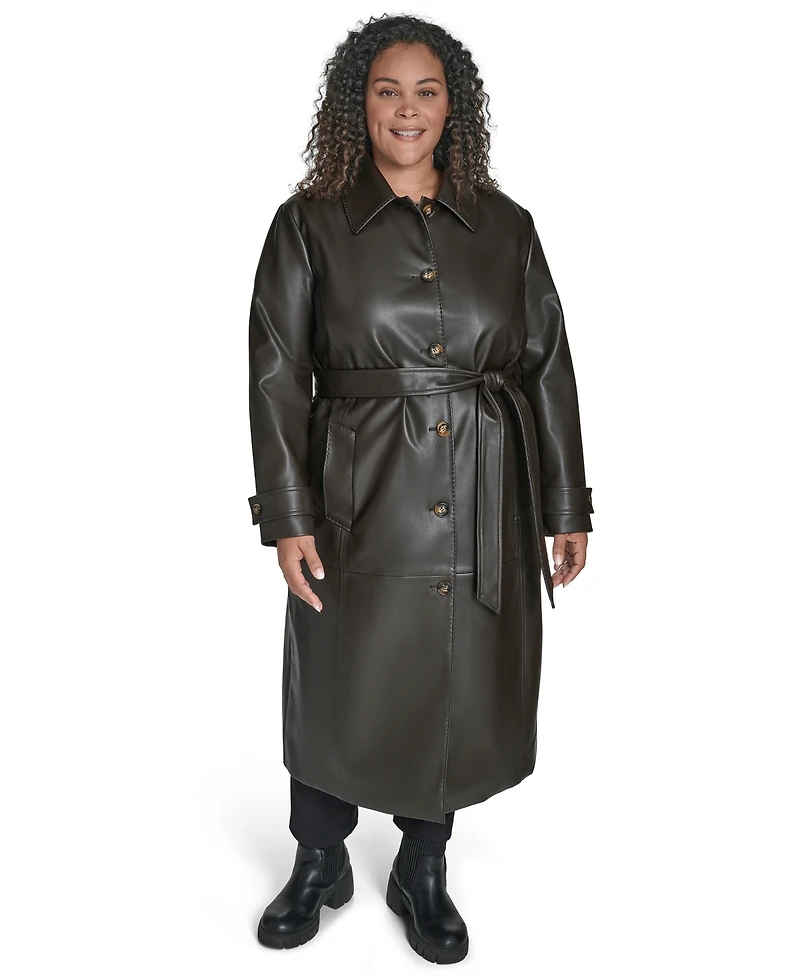 Calvin Klein Plus Size Belted Faux Leather Trench Coat